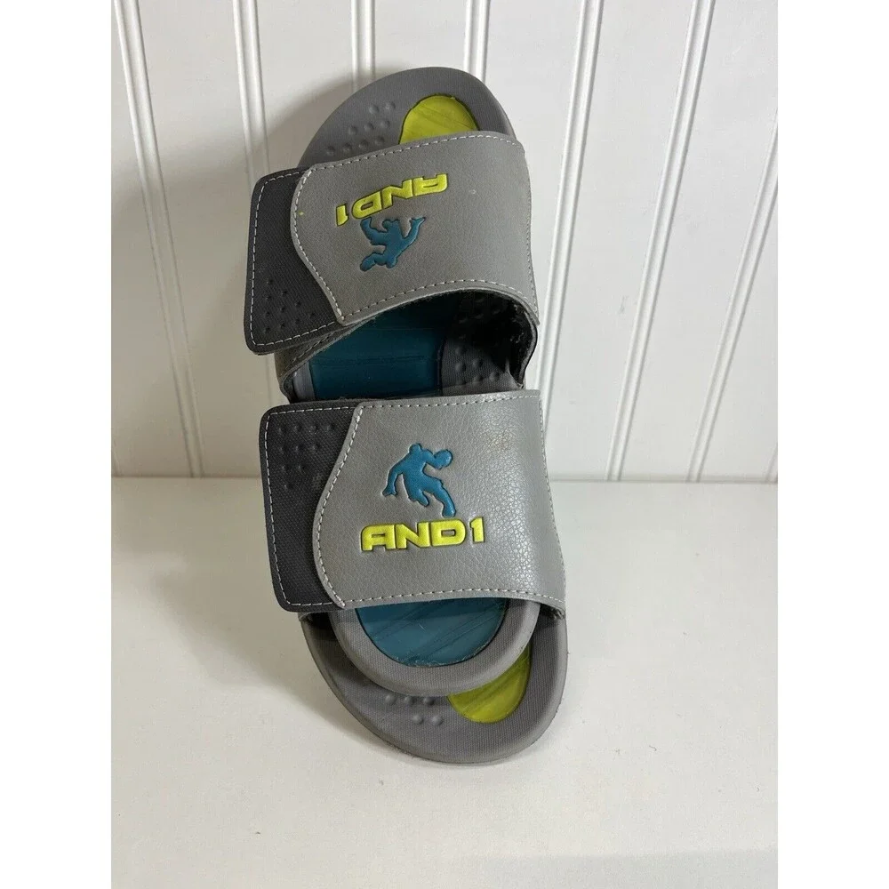 AND1 Boys Size 6 Strider Slide Adjustable Strap Sandal‎ Shoes Gel • Grey &Lime